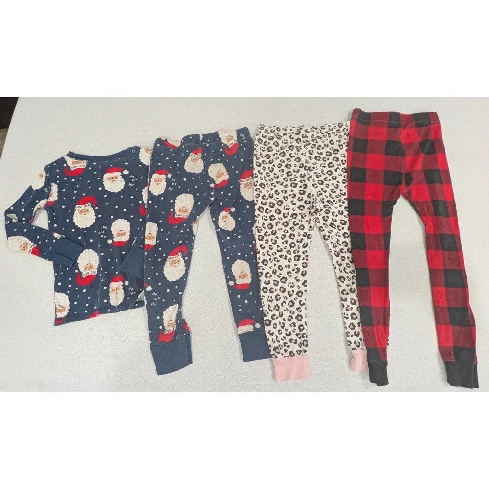 Old Navy Pajama Set & Leggings 5T Kids Navy Santa Red Plaid Pink Leopard 4pc